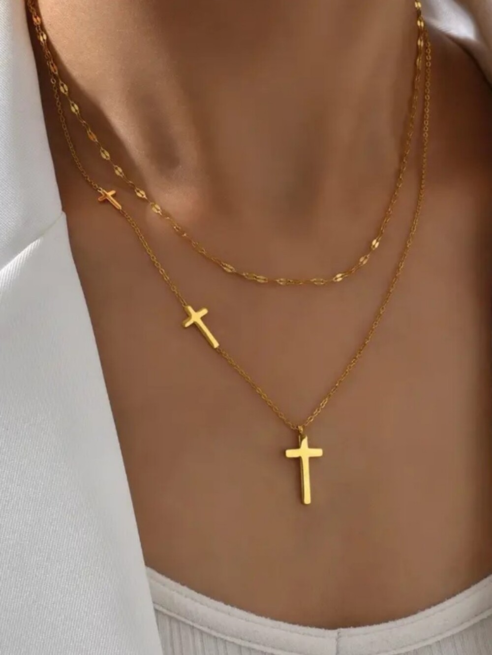 Gold  Plated Cross Layered Necklace - Women Jewelry
